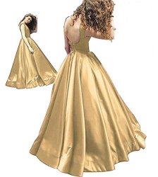 Long Bbcbridal Evening Dresses A-line Boat Neck Satin Open Back Prom Party Gowns Champagne 22