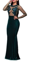 MADE2ENVY Mesh Lace Applique Velvet Evening Maxi Gown Dress L Green R80368GL