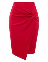 Kate Kasin Wear To Work Pencil Skirts For Women Elastic High Waist Knee Length Wrap Front Red Large