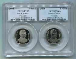 New Nelson Mandela Year 2000 Smiling Face Pcgs Graded Pl 65 + Pl 66 Combination Grading R5 Coins