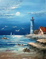 Lighthouse At Night By W Sherman. Oil On Canvas 26 X 21 Cm.