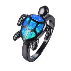 Lixinsunbu Blue Turtle Animal Opal Rings Women's Black Gold Plated Engagement Gift