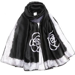 Silk Scarf Large Satin Headscarf Fashion Flower Pattern Wrap Shawl Scarves For Women Black