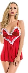Escante Women's Semi Sheer Flowing Babydoll With Silky Satin Heart Lined In White Lace Trim Red white Medium