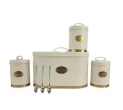 7 Piece Striped 2 Loaf Bread Bin With Long Stemmed Serving Spoon & Canister Set - Cream
