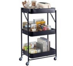 Storage Shelf Rolling Cart Basket Tray Foldable Trolley Organizer - 3 Tier - Black