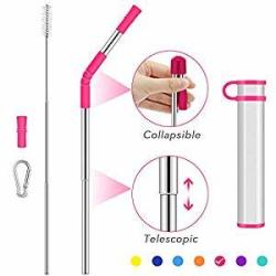 Collapsible Telescopic Straw Reusable Drinking Straws Portable Stainless Steel Metal Straw Folding Final With Carrying Case&cleaning Brush Keychain Carabiner&silicone Tips For Travel-rose