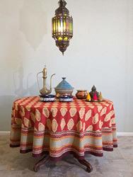 Saffron Marigold 70 Round Spice Route Cotton Tablecloth Red Orange Moroccan Indian Print Bohemian Table Cover