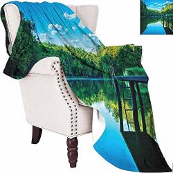 Lovii Nature Sherpa Blanket Wooden Bridge Trees Forest Along The River Lake Clouds Honeymoon Landscape Picture For Couch Bed Sofa Green Blue 50"X60