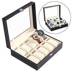 Mewalker 10 Slots Watch Display Box Men's Watch Display Case Organizer Jewelry Storage Case Synthetic Faux Leather Framed With Glass Window & Metal Lock Black Us Stock