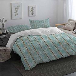 Nautical Soft Washed Cotton Duvet Cover Set Marine Elements Drawn On Old Wood Surface Helm Anchor Ornamental Print 100% Cotton Bedding Turquoise Cocoa White Full