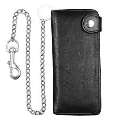 Premium Genuine Cowhide Leather Bifold Motorcycle Wallet With Long Metal Chain