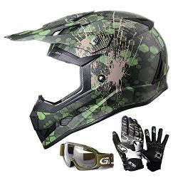 GLX Unisex-child GX623 Dot Kids Youth Atv Off-road Dirt Bike Motocross Helmet Gear Combo Gloves Goggles For Boys & Girls Camouflage Green Large