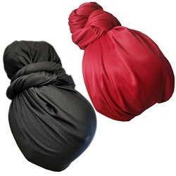 Stretch Head Wrap - Long Black Head Wrap Turban Hair Scarf Tie 2PCS Set Blackwine