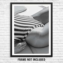 Fashion Wall Decor Art Print Poster - Woman With Striped Bathing SUIT-11"X14" Unframed - Modern Casual Artwork For Women's Bedroom Bathroom Living Room Or
