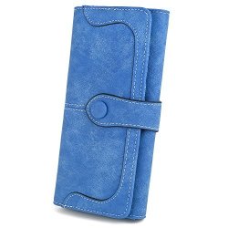 Women Uto Vegan Leather 18 Card Slots Card Holder Long Bifold Checkbook 5.5" Phone Wallet Light Blue
