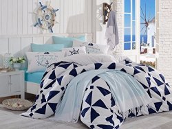 Bekata Alacati Perfect Design Nautical Bedding Set %100 Cotton Quilt duvet Cover Set And Turkish Peshtemal Towel Blue White 6 Pcs Full queen Size