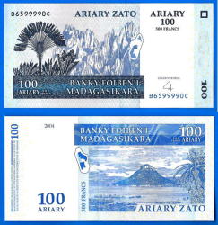 Madagascar 100 Ariary 2004 Unc 500 Francs Mount Africa Banknote