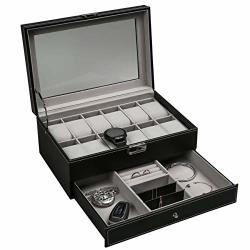 Ogrmar 12 Slot Pu Leather Lockable Watch Storage Boxes Men & Women Jewelry Display Drawer Case 2-TIER Organizer Watch Showcase With Glass Lid
