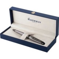 Waterman Expert Ballpoint Pen - Medium Nib Blue Ink Metallic Silver With Ruthenium Trim