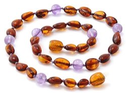 Baltic Amber Teething Necklace Made With Amethyst Beads - Size 11 28 Cm - Polished Cognac Amber Beads - Boutiqueamber 11 Inches Cognac Bean Amethyst