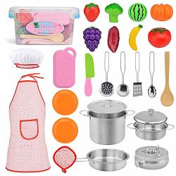 Exqline Kids Kitchen Pretend Play Toys - 25 Pcs Included Stainless Steel Stove And Cookware Pots And Pans Set Cooking Utensils Accessories Cutting Vegetables