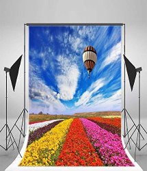 Photography Background Vinly 3X5FT Backdrop Studio Props Blue Sky Flower Field And Hot Air Balloon Style