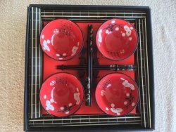 Japanese Dinner Set For 4 - Lucky Color Red With White Cherry Blossoms