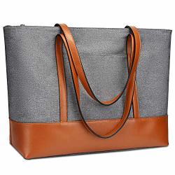 Yaluxe Genuine Leather Laptop Tote For Women Shoulder Bag Nylon Fit 15.6 Inches Large Capacity Vintage Style Soft Work