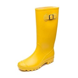 Dksuko Women's Mid-calf Waterproof Rain Boots With Buckle Adjustable-strap Outdoor Tall Rain Boots 9 B M Us Yellow