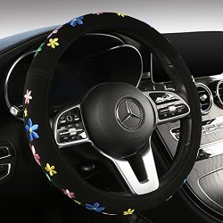 DKIIGAME Steering Wheel Cover Elastic PVC Leather Universal 15 Inch Auto Steering Wheel Cover for Woman,Cute Car Steering Wheel Protector Black 