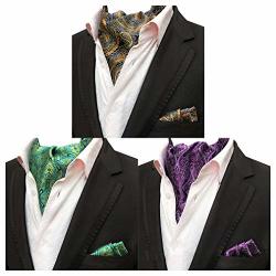 Mohslee Mens 3 Pack Floral Paisley Cravat Silk Ascot Scarf Tie Pocket Square Set
