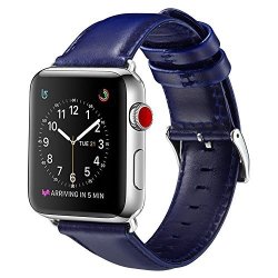 For Apple Watch Band 42MM Ouheng Retro Vintage Genuine Leather Iwatch Strap Replacement For Apple Watch Series 3 Series 2 Series 1 Dark Blue