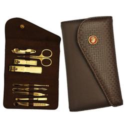 P.h. 9pc Brown Leather Button-Flap Leather MANicure Set