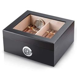 Cigar Humidor Handmade Wood Cigar Box Desktop Humidor With Hygrometer And Humidifier Cedar Divider Royale Glasstop Holds 20-25 Cigars