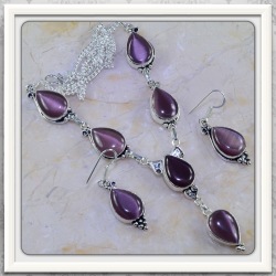 Charming Natural Purple Cats Eye Gemstone 925 Silver Necklace & Earrings Set