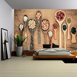 WALL26 - Assortment Of Beans And Lentils In Wooden Spoon On Teak Wood Background. - Removable Wall Mural Self-adhesive Large Wallpaper - 100X144 Inches