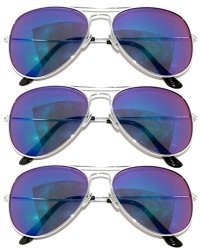 PACK 3 Aviator Style Sunglasses Silver Color Metal Frame With Flash Mirror Lens Blue-green Color