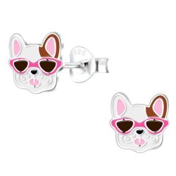 Pink Bulldog With Sunglasses Enamel And Sterling Silver Earrings