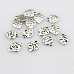 Vintage Antiqued Silver Tone MINI Heart Charm Pendant Stamped Made With Love Letter - 50 Pcs