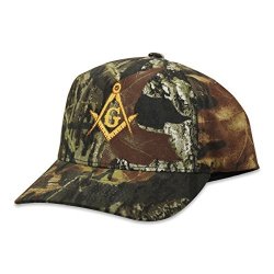 Gold Square & Compass Embroidered Masonic Flexfit Adult Mossy Oak Pattern Camouflage Hat - Breakup