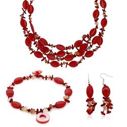 19 Inch Red Simulated Coral And Stone Chips Necklace Bracelet And Earrings Set