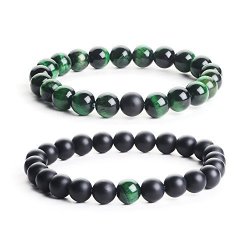 Istone Distance Bracelets 2PCS Black Matte Agate & Green Tiger Eye Energy Healing Stone Beads Bracelet Set Couple Jewelry Balancing Stretch Bracelets W2