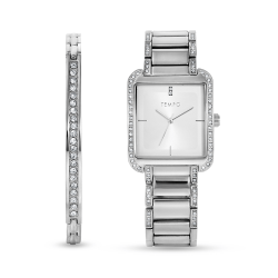 Ladies Silver Plated Crystal Rectangle Bracelet Watch Set